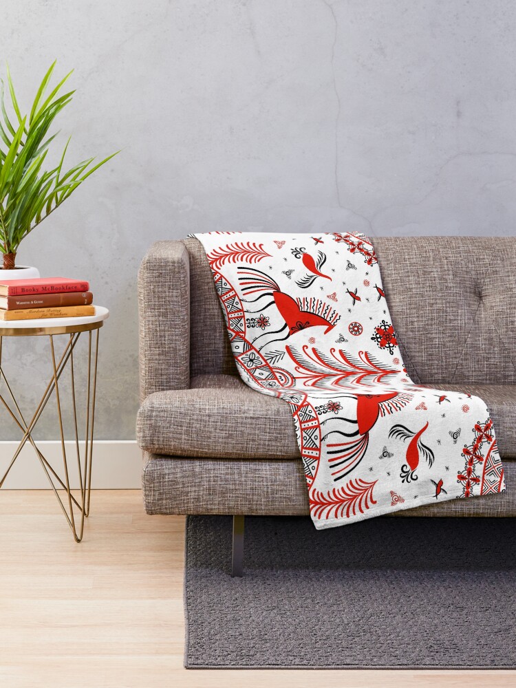Alternate view of Russian folklore ornament. Mezen painting. Throw Blanket
