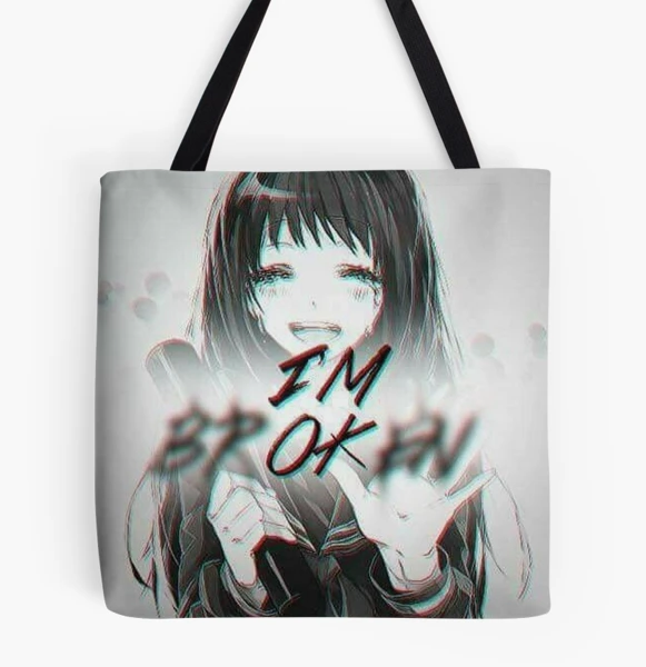 Large Tote Bag Sad Girl Bad Girl Anime Waifu Babe Grocery 