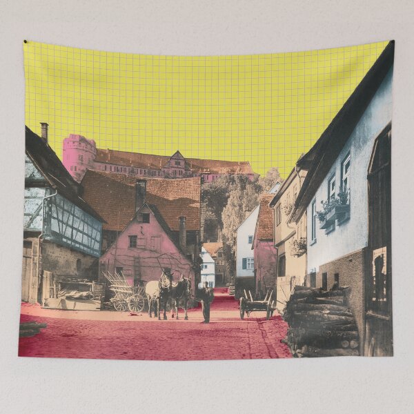 Item preview,  We hike on and turn into Seelhausgasse. Quaint houses surround a view of the castle and show a wonderful variety in this Swabian city.
The design by Mallybeau Mauswohn shows a harmoniously colored collage with a view of Seelhausgasse in Tübingen in 1938 designed and sold by Mauswohn.