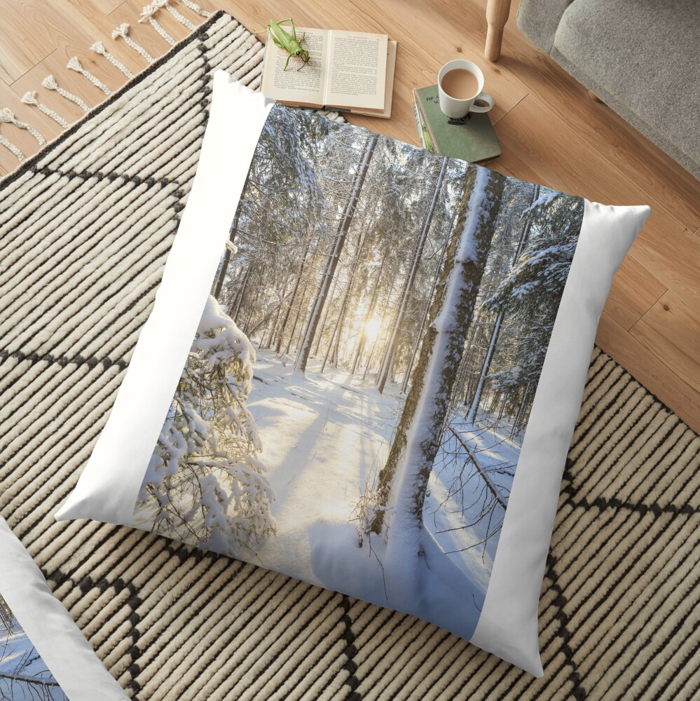 Sunshine in winter forest Floor Pillow