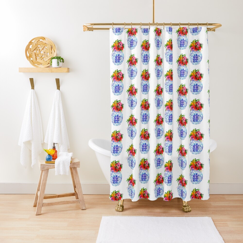 "Ming Vase, double happiness, Ginger Jar with poppy" Shower Curtain for