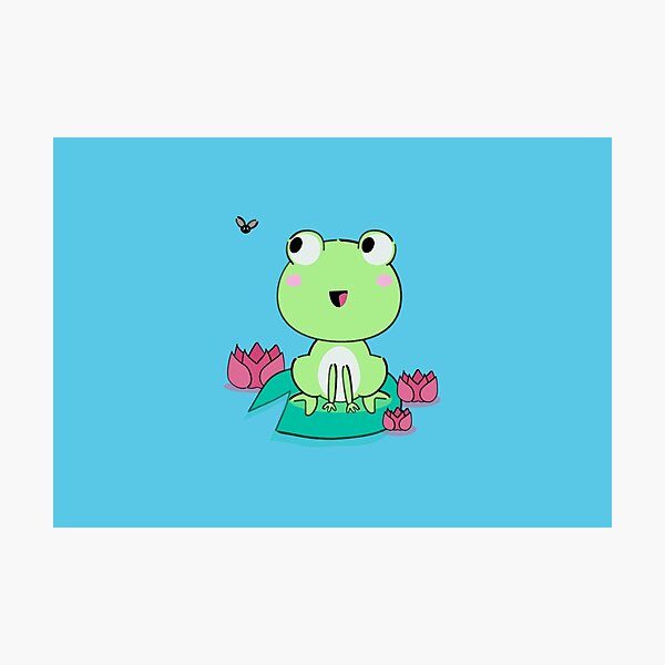 Kawaii frog with waterlily flowers Photographic Print