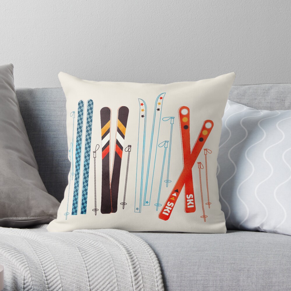 Colorful Retro Ski Illustration Throw Pillow