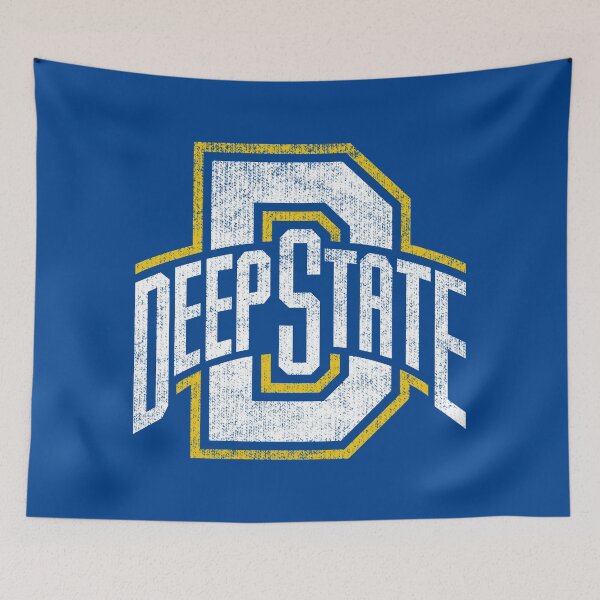 Item preview, Deep State University - white-yellow Worn logo on varsity blue designed and sold by Clandestocracy.
