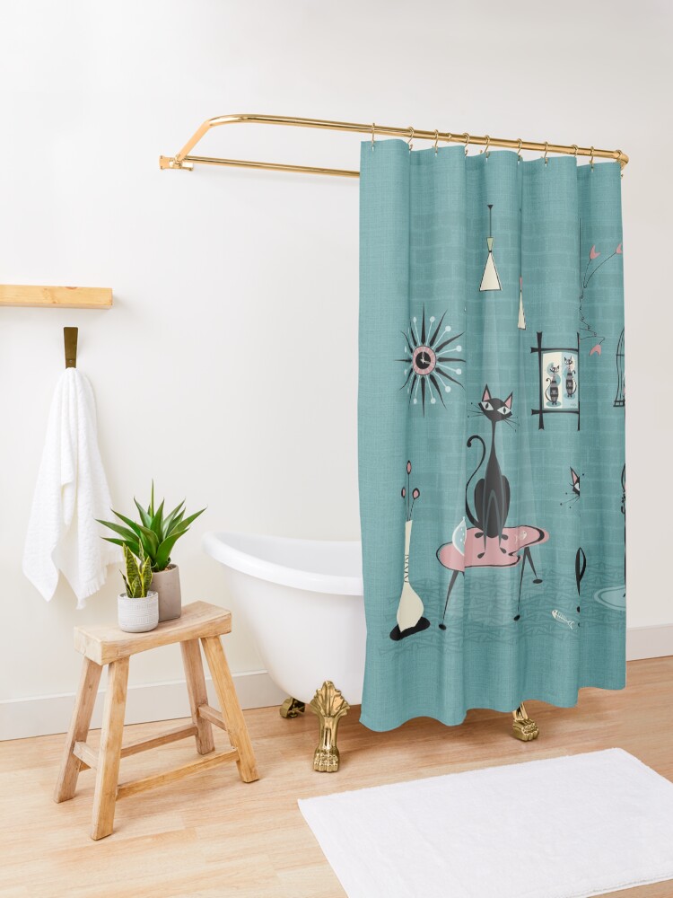 Alternate view of Mid Century Kitty Mischief III ©studioxtine Shower Curtain