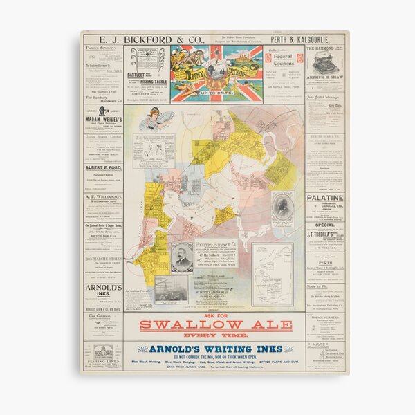 Map of Perth and Fremantle suburbs from East Fremantle to the Race Course, 1900, State Library of Western Australia Metal Print