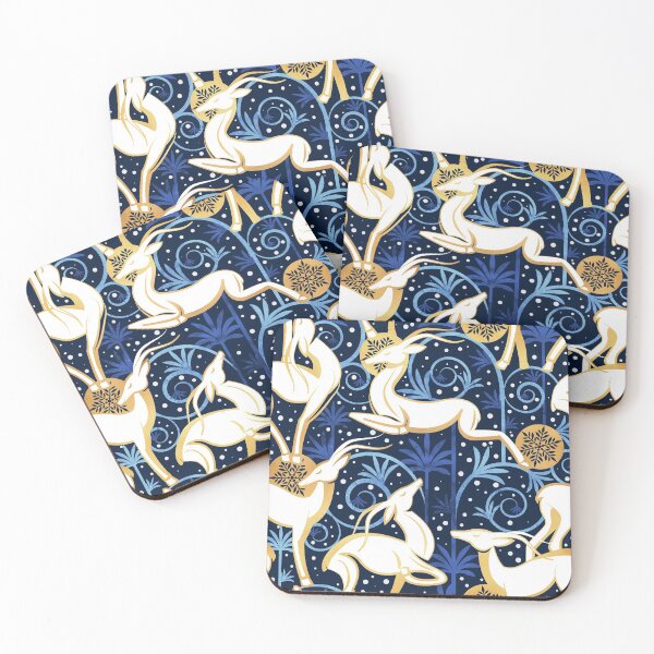 Item preview, Deco Gazelles Christmas Garden // navy blue background white animals blue and metal gold textured decorative elements designed and sold by SelmaCardoso.