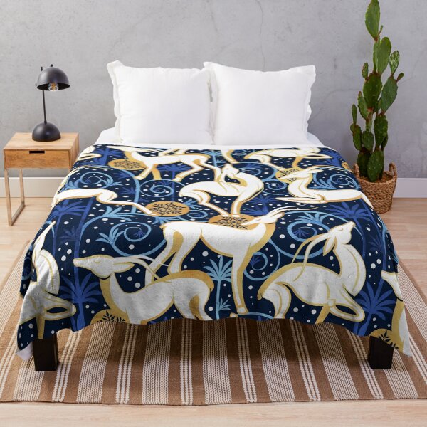 Item preview, Deco Gazelles Christmas Garden // navy blue background white animals blue and metal gold textured decorative elements designed and sold by SelmaCardoso.