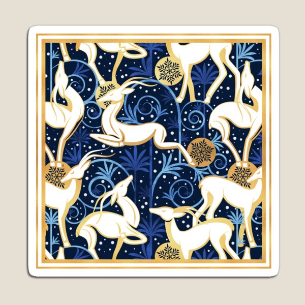Item preview, Deco Gazelles Christmas Garden // navy blue background white animals blue and metal gold textured decorative elements designed and sold by SelmaCardoso.