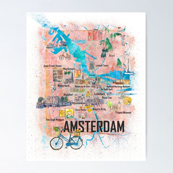 Aperçu de l'œuvre Carte illustrée d'Amsterdam Pays-Bas avec routes principales, monuments et points forts créée et vendue par artshop77.