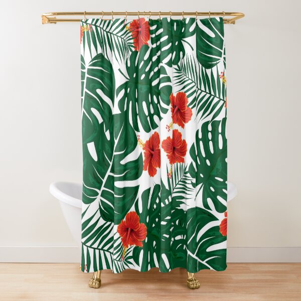 Flamingo with Tropical Hibiscus Flower Plants Vintage Print Shower Curtain Set 