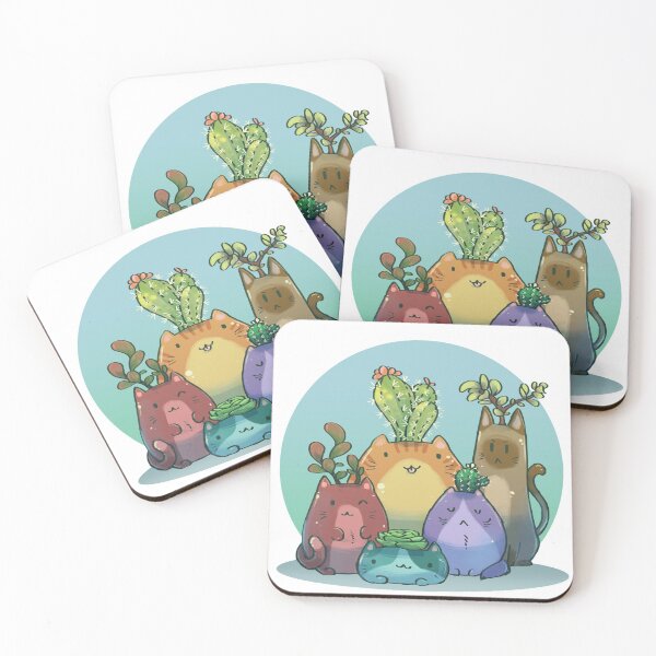 Tiny cactus and succulents cat planters Coasters (Set of 4)
