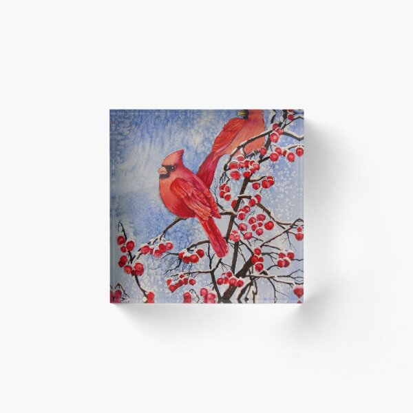 Cardinals Eating Red Berries Acrylic Block