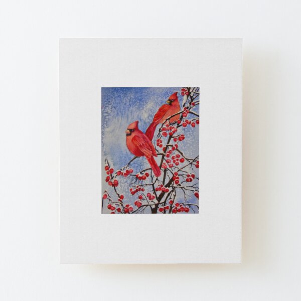 Cardinals Eating Red Berries Wood Mounted Print