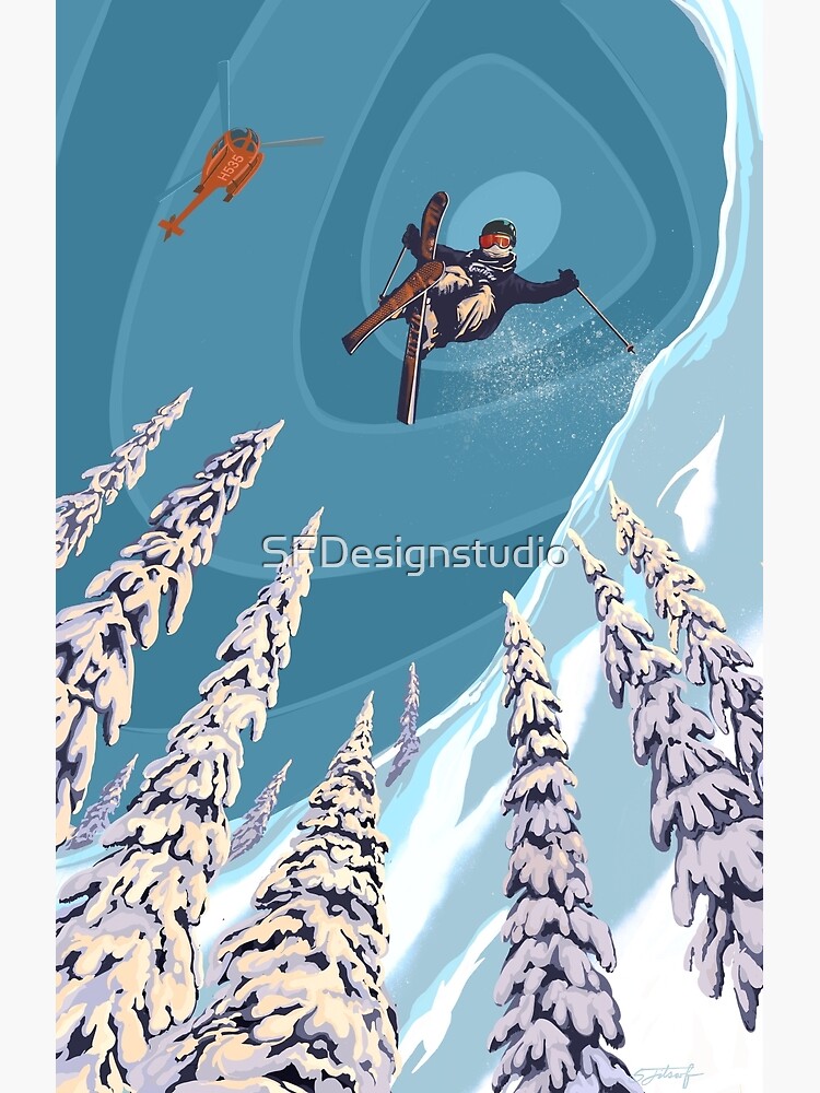 retro ski jumper heli ski poster art by SFDesignstudio