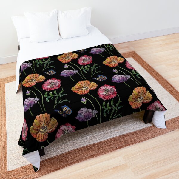 Pretty Poppies Watercolour on Black Comforter