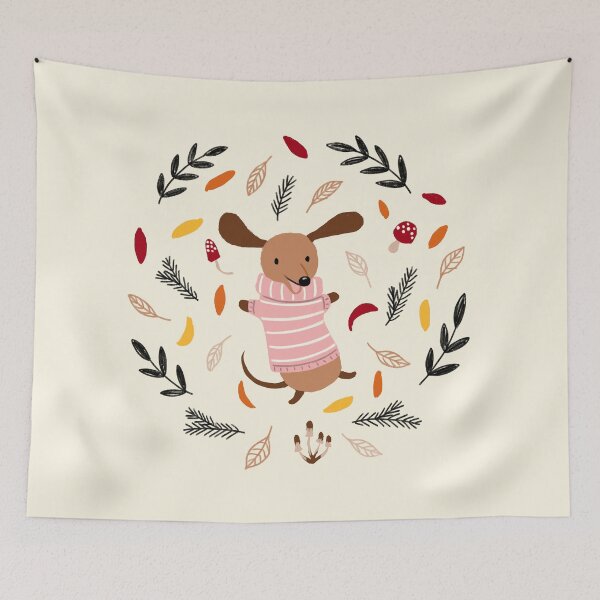 Item preview, Cute Dachshund in Winter Sweater in Autumn Leaves designed and sold by BexMorleyArt.
