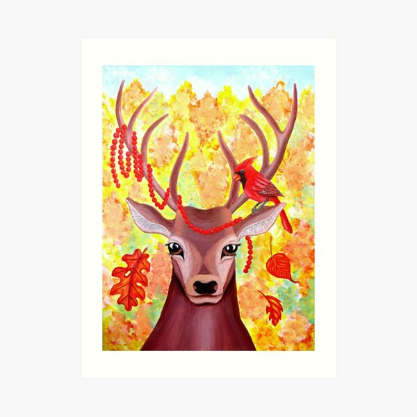 Deer and Cardinal at Fall Art Print