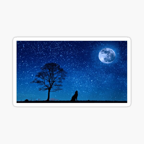 Wolf Howling at the Moon, Wolf Moon Night Sky Stars Sticker