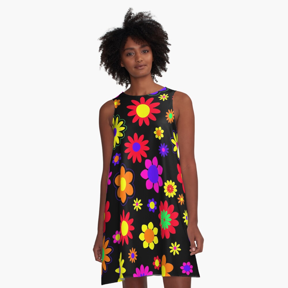 Retro Hippie Flower Power Pattern A-Line Dress