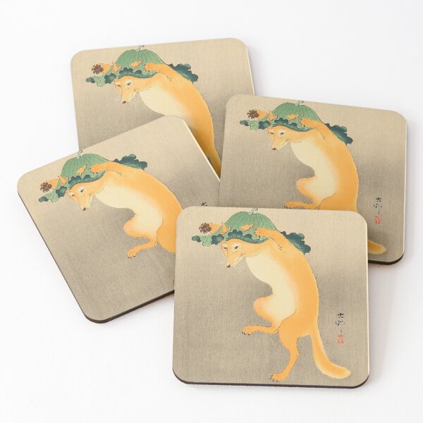 Item preview, Dancing Fox with Lotus-Leaf Hat Koson Ohara Shinhanga designed and sold by miyabi-bonds.