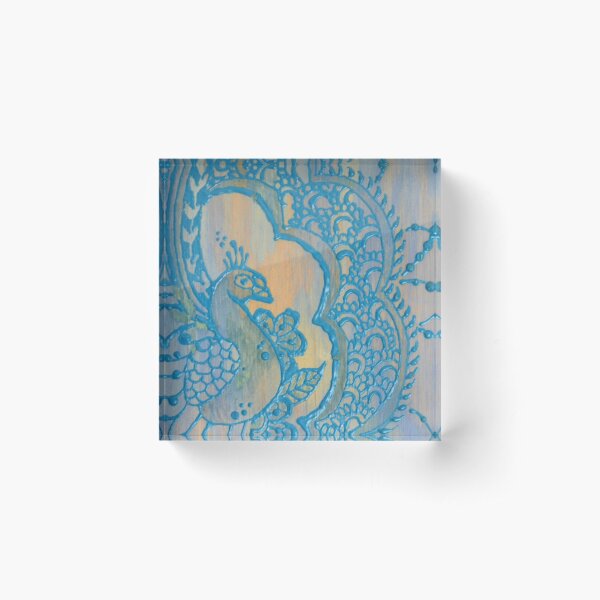 Blue Peacock in Henna Style Acrylic Block