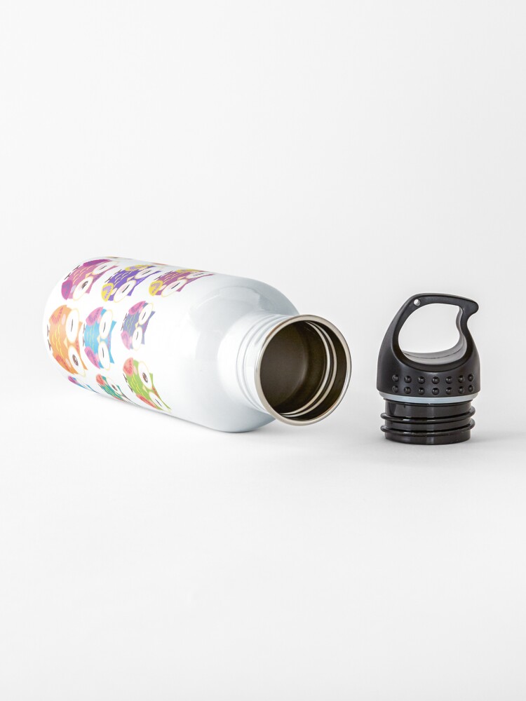 Alternate view of bright colorful owls on black background Water Bottle