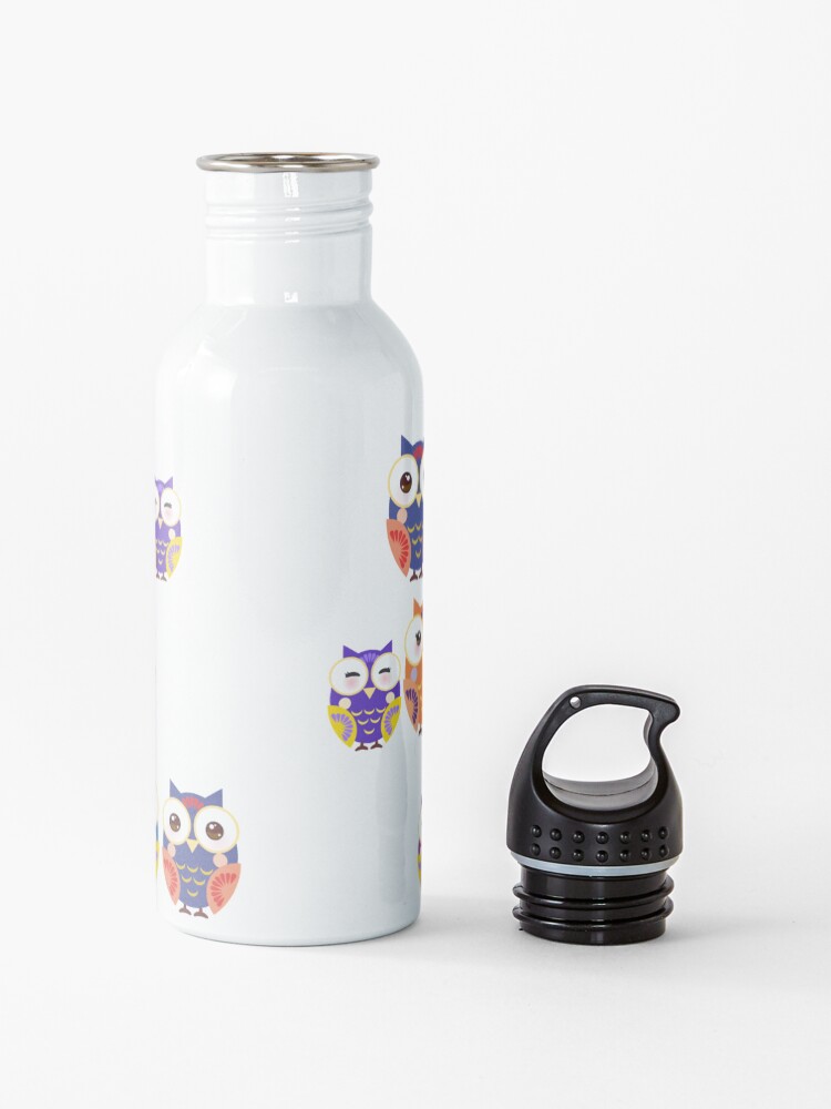 Alternate view of bright colorful owls on black background Water Bottle