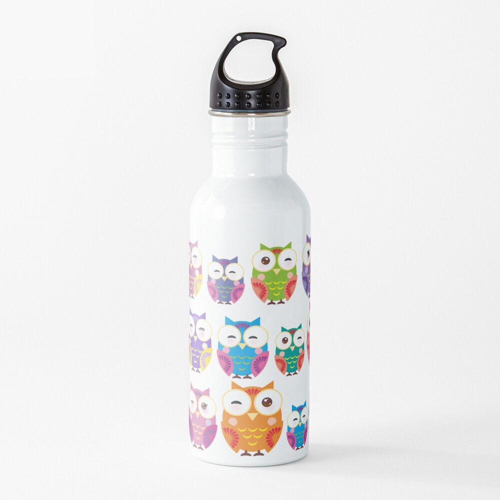 bright colorful owls on black background Water Bottle