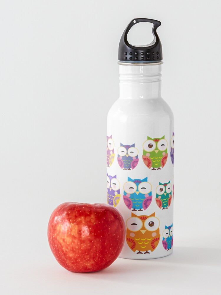 Alternate view of bright colorful owls on black background Water Bottle