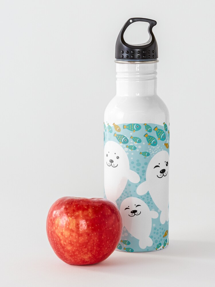 Alternate view of White cute fur seal and fish in water Water Bottle