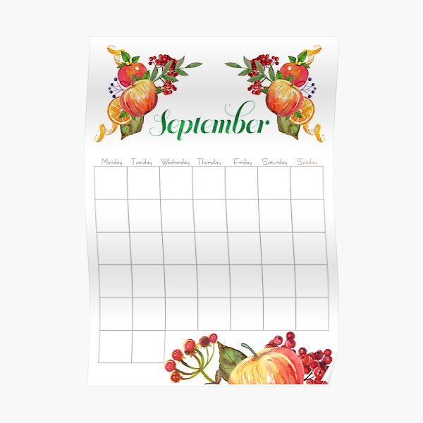 September undated calendar Monday Poster