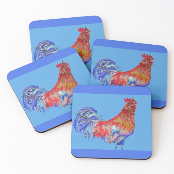 Rooster Watercolor Painting Blue Coasters (Set of 4)