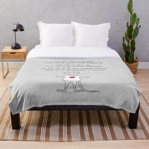 MantraMouse® Love Yourself Anyway Cartoon on Gray Background Throw Blanket