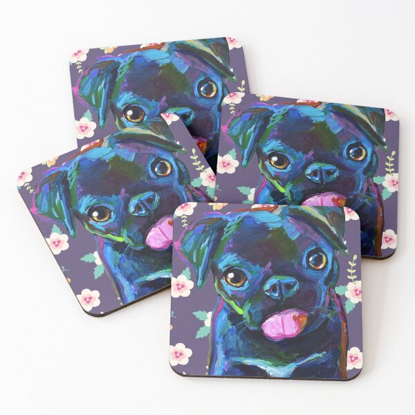 Item preview, Cute BLACK PUG PUPPY with Vintage Flowers by Robert Phelps designed and sold by RobertPhelpsArt.