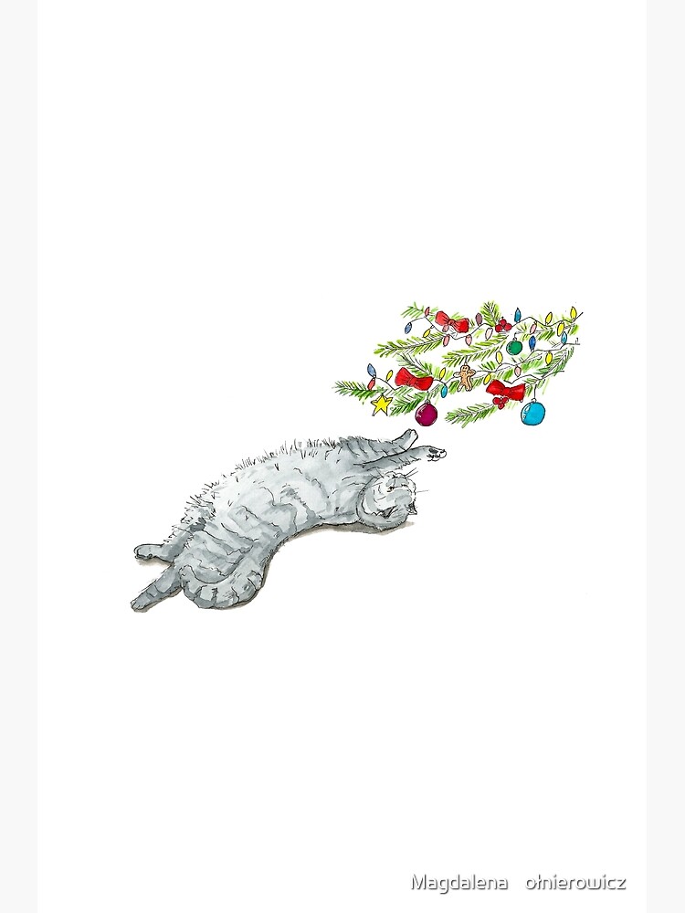 "Cute british cat under the Christmas Tree, watercolor and ink" Poster