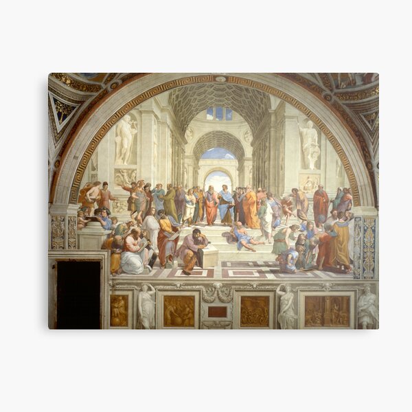 The School of Athens (1509–1511) by Raphael, depicting famous classical Greek philosophers in an idealized setting inspired by ancient Greek architecture Metal Print