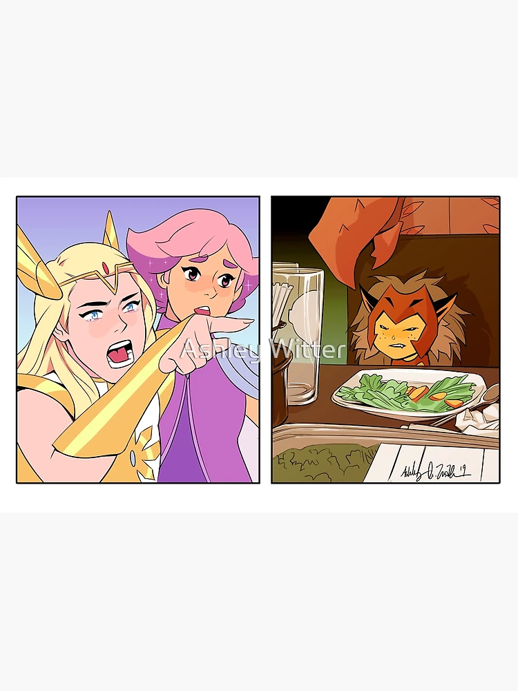 She-ra things! — ID: 4 panel gru meme template, but gru has catra's