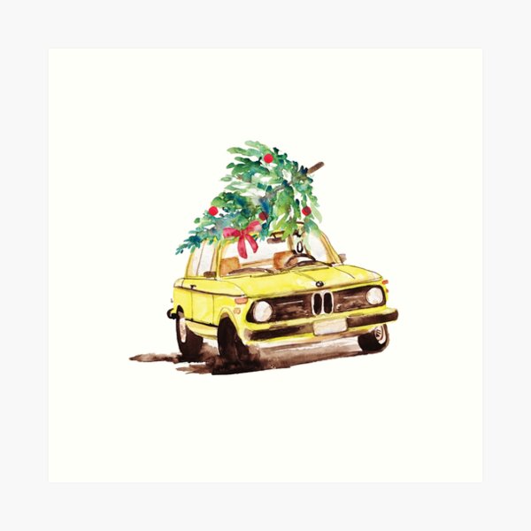 Xmas Tree on Old Car Model 1975 2002tii Fan gift, Watercolor painting Art Print