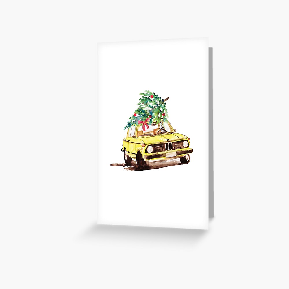 Xmas Tree on Old Car Model 1975 2002tii Fan gift, Watercolor painting Greeting Card