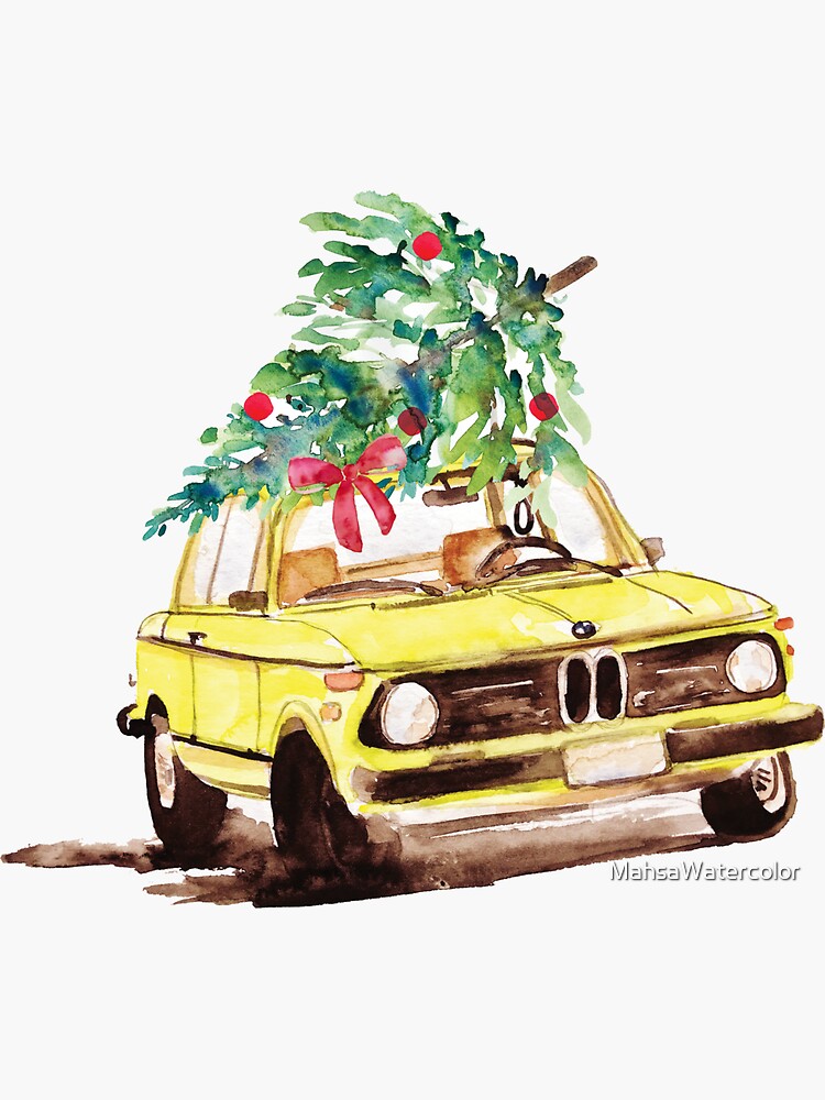 Xmas Tree on Old Car Model 1975 2002tii Fan gift, Watercolor painting by MahsaWatercolor