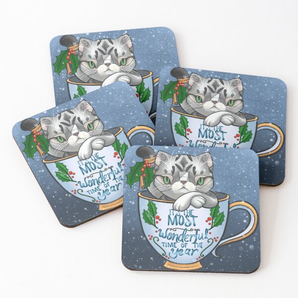 Item preview, “It’s the Most Wonderful Time of the Year” Genki the silver tabby cat in a teacup for Christmas  designed and sold by SamInJapan.