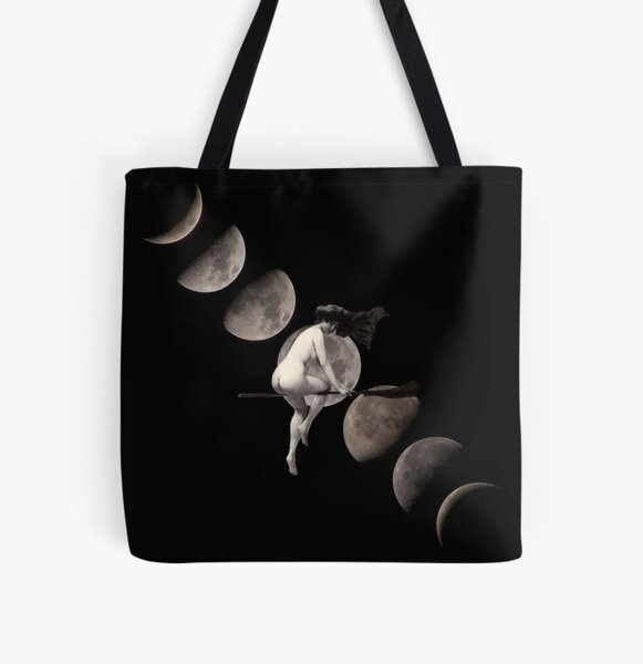 Moon Phases with Flying Vintage Witch All Over Print Tote Bag