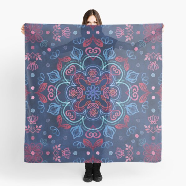 Cherry Red & Navy Blue Watercolor Floral Pattern Scarf