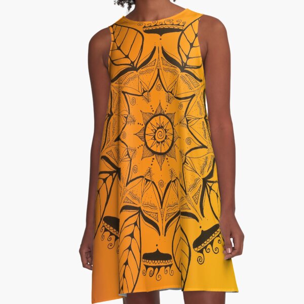 very beautiful hand painted mandala, orange A-Line Dress