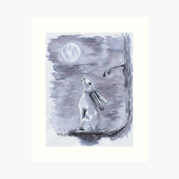 Hare gazed up at the Moon - monochrome Art Print