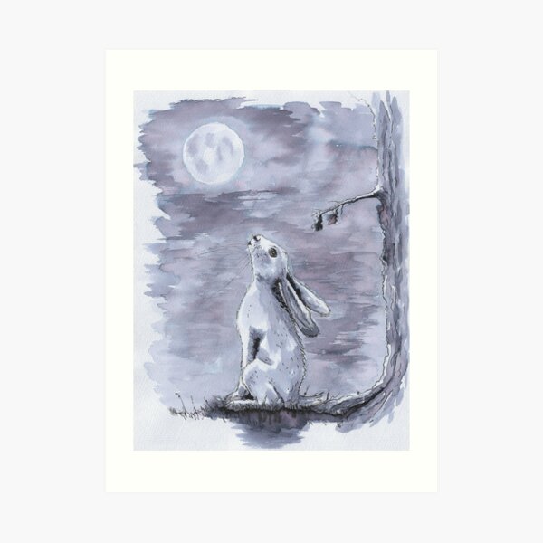 Hare gazed up at the Moon - monochrome Art Print