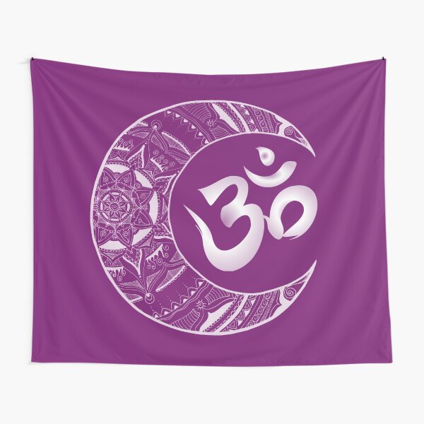 Crescent mandala with OM in white Tapestry