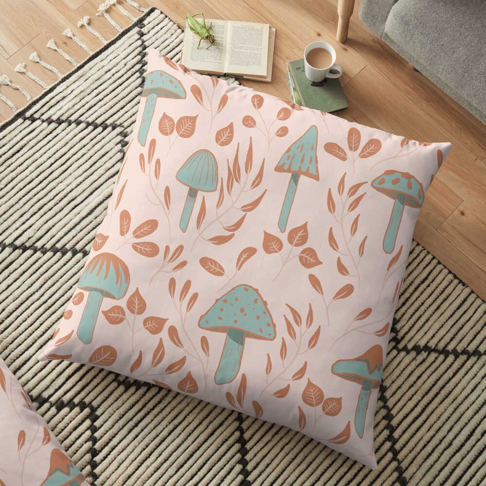 Leaves and Mushrooms Print Floor Pillow
