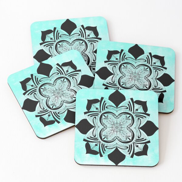 Artikelvorschau, Aquamariner und schwarzer von Hand gezeichneter Mandala entworfen und verkauft von Stickerdepo.